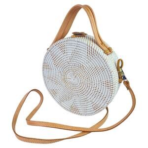 Street Level White Tan Round Crossbody Sling Strap Boho Bali Rattan Handbag OS